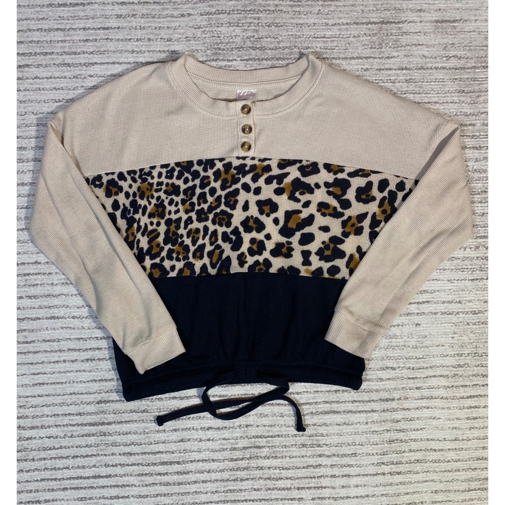 No Boundaries Women Waffle Knit Henley Leopard Colorblock Drawstring Top Black S